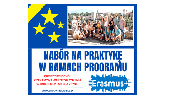 Plakat informujący o rekrutacji na praktykę Erasmus+