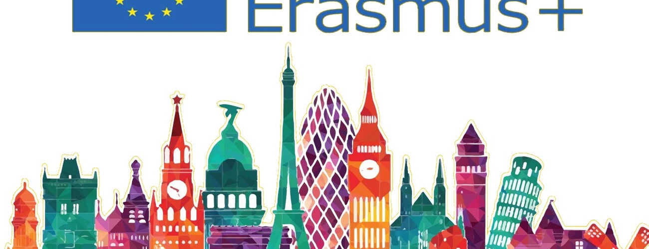 Erasmus logo z budynkami charakterystycznymi dla poszczególnych krajów