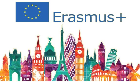 Erasmus logo z budynkami charakterystycznymi dla poszczególnych krajów