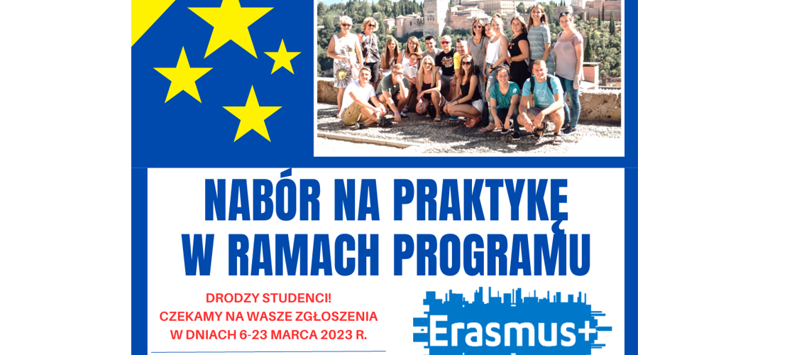 Plakat informujący o rekrutacji na praktykę Erasmus+